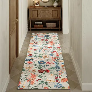 HUGEAR Beige Waschbarer Läufer Teppich Flur 60x240cm Blumenmuster Bettvorleger Blumen Boho Modern Küchen Wohnzimmer Schlafzimmer Teppiche rutschfest Kurzflor Weich Flurläufer Teppichläufer