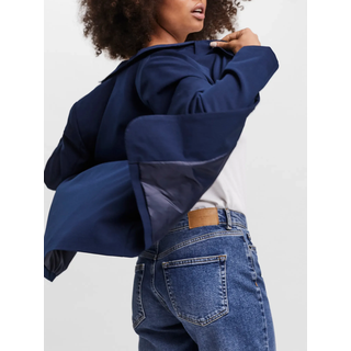 Longblazer VERO MODA "VMZELDA LS LOOSE BLAZER NOOS", Damen, Gr. 36, blau (navy blazer), Web, Obermaterial: 78% Polyester, 18% Viskose, 4% Elasthan, unifarben, loose fit Po-bedeckend, tiefer V-Ausschnitt, Blazer Longblazer, lässige Form, 1-Knopf Verschluss