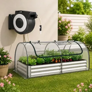 Ausziehbares Gartenbewässerungsset (2-teilig) – 30 m Schlauchaufroller & Hochbeet mit PVC-Gewächshausabdeckung