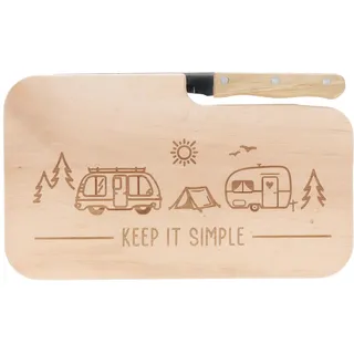 Spruchreif | Brotzeitbrett mit Messer "Keep it simple" – Graviertes Holzbrett mit Camping-Motiv | Geschenk für Minimalisten, Camper & Outdoor-Liebhaber
