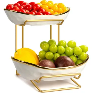 MEESOGA Obst Etagere 2-stöckig Keramik Obstschale mit Metallständer – Modern Snackschale Etagere Obstkorb für Küche & Esstisch – Servierständer für Obst, Snacks, Süßigkeiten – Platzsparend & dekorativ