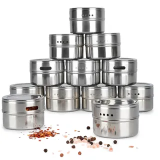 Oak & Steel – 12 Magnetische Edelstahl-Gewürzdosen (100ml, Silber) – 2-in-1 Gewürzbehälter mit Deckel und Dosierhilfe für Gewürze, Kräuter und Gewürzmischungen