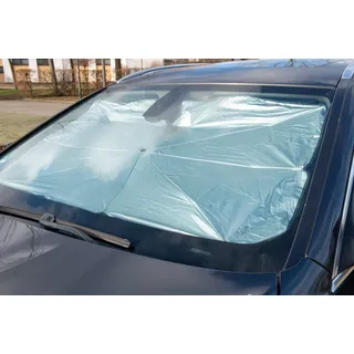 cartrend Auto-Sonnenschirm, Sonnenschutz zur Anbringung an der Innenseite der Frontscheibe, blockt Sonneneinstrahlung, einfacher Aufspannmechanismus, inkl. Kunstledertasche, 135/120 x 71 cm