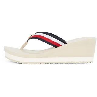 Tommy Hilfiger Damen Flip Flops Corporate Wedge Beach Sandal mit Keilabsatz, Elfenbein (Muslin), 41