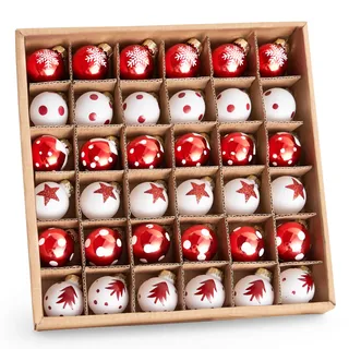 JOIEDOMI 36-teiliges Mini-Weihnachtskugel-Ornament-Set, metallische Glaskugeln mit Glitzerdrucken und Seilaufhängern, hängende Miniatur-Ornamente für den Weihnachtsbaum (rot und weiß)