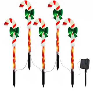5 Stück Solar Lichterkette Außen Dekorationen, Weihnachts-Gartensteckleuchten 8 Modi Wasserdichte LED-Außenbeleuchtung mit Weihnachtsmann, Rentier, Schneemann, Baum und Zuckerstange (Zuckerstange)