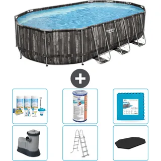 Bestway Oval Power Steel Swimmingpool – 610 x 366 x 122 – Grau – inklusive Pumpe – Leiter – Abdeckung Wartungspaket - Filter - Bodenfliesen - Grau