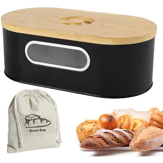Guiwuiyu Brotkasten mit Bambusdeckel und Leinen-Brotbeutel | Metall Brot Aufbewahren mit Belüftungslöcher, Brotkorb für langanhaltende Frische, Schwarz 33.5x17.5x12.8cm