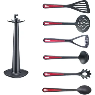 Westmark Küchenutensilien – Drehständer Gallant mit Kartoffelstampfer, Gemüselöffel, Spaghettilöffel, Suppenkelle, Schaumlöffel und Wender – Schwarz/Rot, Set 7-teilig