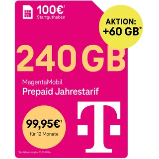 Telekom MagentaMobil Prepaid Jahrestarif 300GB*, unverbr. GB weiternutzen | AllnetFlat | 25GB*/Monat | 5G/LTE Max | 100EUR Startguthaben | EU Roaming & Hotspot Flat | unverbr.DV im nächst. Monat nutzen