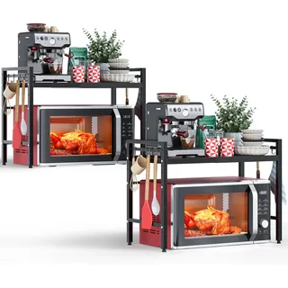 NETEL 2 Stück Erweiterbares Mikrowellen Regal 2 Stufig,Regal über Mikrowelle,Mikrowellenständer für Arbeitsplatte,Küchenregal Stehend für Backofen/Kaffeemaschine,Microwave Stand mit 8 Haken,Schwarz