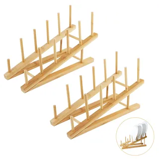 WATUNID 2 Stück Tellerständer Holz, 5 Slots Bambus Tellerhalter, für Küche | 2 Set Bambus Tellerständer, 5 Slots mit 5cm Abstand, schräges Design, 10,5cm erhöhter Rückseite,gratfrei, schimmelresistent
