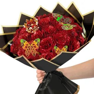 ZYEKIU 24 Stück Glitzer Rosen Bouquet Glitzer RosenstraußKünstliche Rosen | mit Krone Geburtstag Künstliche Rosen Glitzer Rosenstrauß kunstrosenfür Valentinstag Hochzeit Verlobung Geburtstag (Rouge)