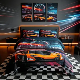 Feelyou Rennauto-Bettwäsche-Set für Jungen, Extremsport-Bettwäsche-Set für Kinder, Jungen, Cooles Auto-Steppdecke, Auto-Sport-Bettwäsche-Set, 1 Bettdecken-Set mit 1 Kissenbezug, Doppelbettgröße