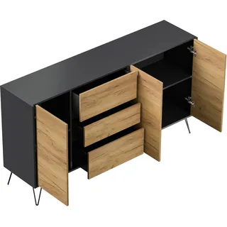 Posseik Sideboard Industrial Q 3 Schubladen 3 Türen 180 cm Grafit Eiche Front