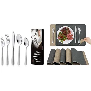 KitchenBoss Besteck Set 6 Personen: Besteckset 30 Teilig, Cutlery Set, Edelstahl Besteck, Essbesteck, Spülmaschinenfest + KitchenBoss Platzsets Abwaschbar Tischsets Abwaschbar: Platzdeckchen 6er Set