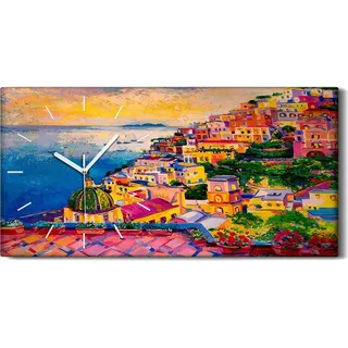 Wanduhr Leinwand Bild Uhr Geräuschlos 60x30 Malerei Dorf Stadt moderne Kunst - weiße Hände