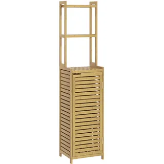 Homcom Badezimmerschrank Bambus Badschrank mit Schrankfach, 3 Offen Fächern, Kippschutz, für Bad, Naturholz, 38,5 x 33 x