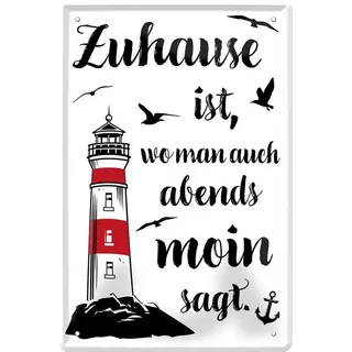 WOGEKA ART Retro Blechschild Zuhause ist, wo man auch abends Moin sagt Leuchtturm witziger Spruch als Geschenk-Idee zu Geburtstag Weihnachten zur Dekoration 20x30 cm Vintage-Design aus Metall 2101