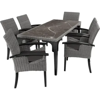 tectake Gartentisch Foggia MIT 6 Stühlen Rosarno , Armlehnen und Beine aus Holz, grau , Grau , Kunststoff , Rechteckig , Gartenmöbel, Gartengarnituren, Gartenmöbel-Sets