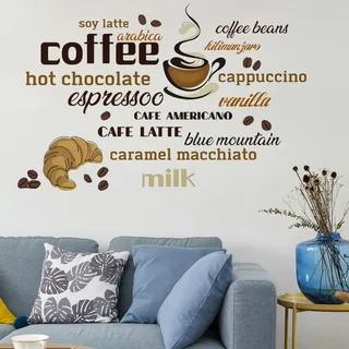 THXFUNAREA Kaffee Tasse Wandaufkleber Kaffeebohnen Kaffeetasse Kunst Schriftart Aufkleber Wandsticker Küche Esszimmer Wanddeko für Küche Esszimmer Wohnzimmer Restaurant Büro Cafés Wanddeko 60 x 30 cm