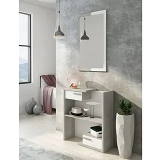 Dmora Flurmöbel mit Spiegel, Eingangshalle mit Schubladen, Taschenleerer für kleine Wohnungen, cm 80x28h170, Farbe Weiß und Zement