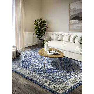 Villeroy & Boch Kurzflor Teppich Jehanne - Klassischer Wohnzimmerteppich - Traditioneller Teppich für Wohnzimmer, Schlafzimmer, Esszimmer, Flur, Küche – Blau Creme, 120x170cm