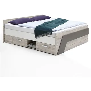 Lomadox Jugendbett 140x200 cm, Eiche weiß Lava blau, 2 Schubkästen, & Fach, B/H/T ca. 204,5/69,5/145 cm