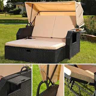 Strandkorb Schwarz Sonnendach Sonnenliege Sonnenbett Polyrattan Lounge Garten - Schwarz