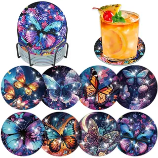 Lxmsja 8 STK Diamond Painting Untersetzer mit Halter, Diamond Painting Schmetterling, Diamant Painting Bilder Erwachsene Kinder, Diamant Tassenuntersetzer mit Kork, Basteln Erwachsene Frauen