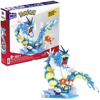 Mega Brands MEGA POKÉMON Karpador Evolutionsset - 411-teiliges Bauset mit Garados und Wasserlandschaft für dynamische Ausstellmöglichkeiten, 12 Verbindungspunkte, für Kinder ab 8 Jahren, HNT95