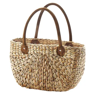 Kobolo Korbtasche aus Wasserhyazinthe natur mit Ledergriffen Einkaufstasche Flechttasche Shopper Shoppingbag Trage Beutel Einkaufsshopper geräumig - Braun