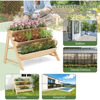 COSTWAY 3 stufiges Hochbeet Holz, Pflanzenbeet mit Ablage, 2 Haken, 3 Blumenkästen&3 Pflanzfolien, Kräuterbeet, Gartenbeet, Vertikalbeet, Natur - Naturbelassen