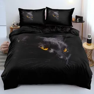 Luowei Bettwäsche 135x200cm 3D Schwarz Katze Bettwäsche Set Mikrofaser Weich Realistisch Bettbezüge für Mädchen Jungen Jugendlich mit Reißverschluss und 1 Kissenbezug 80x80cm
