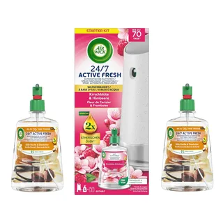 Air Wick Active Fresh Automatisches Duftspray Bundle – Automatisches Starter Set & Nachfüller – 1 x Kirschblüte & Himbeere + 2 x Süße Vanille & Sheabutter– Wasserbasiert, 3x 228ml