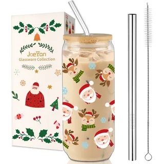 Joeyan 600ml Weihnachtsgläs,Trinkgläser Weihnachts mit Deckel und Strohhalm | 20 oz Weihnachtsbecher mit Weihnachtsmann & Elch für Matcha Eiskaffee Smoothie Bubble Tea,Schöne Weihnachtsgeschenke