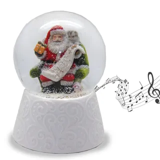 20089 Edle Schneekugel mit weißem Porzellan-Sockel Weihnachtsmann Santa mit Geschenkeliste Spieluhr 10cm Durchmesser