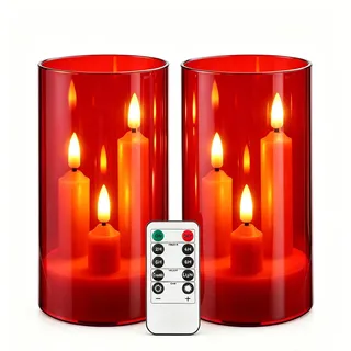2 Stück 3-Kern LED-Stabkerzen, Rote Transparente Acryl-Gehäuse Flammenlose Kerzen mit Fernbedienung, Realistischer Flammeneffekt, Batteriebetrieben für Heim-, Hochzeits- und Weihnachtsdekoration
