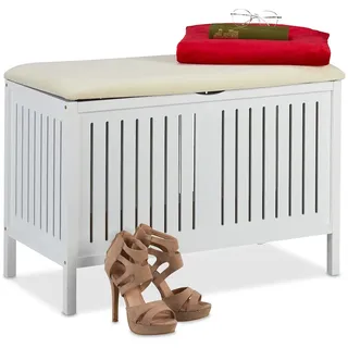 Relaxdays Sitzbank mit Stauraum, gepolstert, 80 l Staufach, Landhausstil, Holz, Sitztruhe HxBxT: 56 x 78 x 39 cm, weiß
