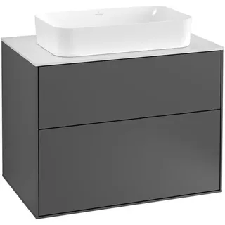 Villeroy & Boch Finion Waschtischunterschrank, 2 Auszüge, mit integrierter Beleuchtung, Waschbecken mittig, ohne Hahnloch, 800x603x501mm, Glass Black Matt, G63200PH, Farbe: Glossy Black Lacquer