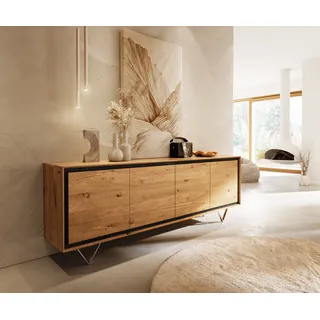 DELIFE Sideboard Stonegrace 200 cm Eiche Natur 4 Türen Steinfurnier V-Fuß Edelstahl - Hellbraun, Braun