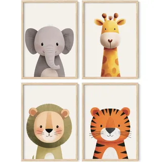 PACKLIST® 4er Set Kinderzimmer Bilder A4 – Safari Tiere Babyzimmer Deko Boho Stil – Wandbilder Löwe, Elefant, Giraffe, Affe – Kunstdrucke Premium 250g Papier – Beige & Erdtöne – Ungerahmt