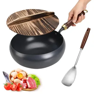Billowvolve Japanische Eisenpanne 28 cm Eisenpfanne mit Deckel und Spatel Unbeschichtete Schmiedeeiserne Pfanne Handgeschmiedeter Antihaftpfanne Universalpfannen zum Rühren Rösten Grillen