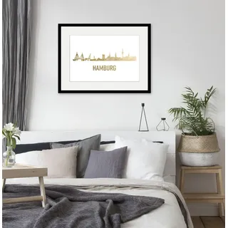 Bild QUEENCE "Hamburg Skyline GOLD", gold (farbe rahmen: schwarz, farbe bild(er): goldfarben), B:50cm H:40cm, Acrylglas, Holz, Papier, Bilder, Bild, HD Premium Poster-Druck inkl. Holzrahmen
