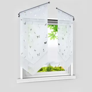 HeichkelL Scheibengardinen mit Silberner Schmetterling, Weiß BxH 40x90 cm | Voile Bistrogardinen 2er Set Panneaux, Doppelschicht Kurzstore, Modern Küchenvorhang mit Quaste, 2 Stück
