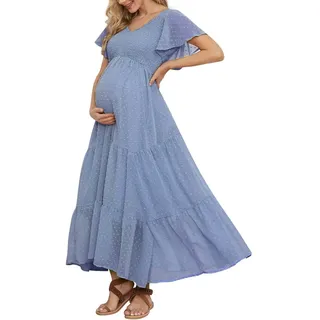 Swiss Dot Umstandskleid, V-Ausschnitt, Rüschenärmel, Umstandskleider für Fotoshooting, Babyparty, gesmoktes gestuftes Schwangerschaftskleid, B Blau, Groß