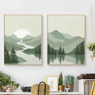 Fiwzzdur Abstrakt Poster 2er Set, Moderne Natur Grün Berg Landschaft Bilder Poster & Kunstdrucke Leinwandbilder, Wandbilder Wanddeko für Schlafzimmer Büro Wohnzimmer, Ohne Rahmen (40x50cm,AB)