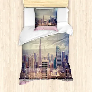 ABAKUHAUS Modern Mantele, New York USA Roof View, Milbensicher Allergiker geeignet mit Kissenbezügen, 135 cm x 200 cm - 80 x 80 cm, Grau, Weiß und Rosa