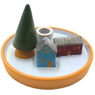 Kerzenhalter, Kerzenteller, Kerzenständer, Dekoteller, Stabkerzenhalter, Kerzenhalter-Weihnachten, Keramikteller mit Tannenbaum und Häusern aus Steingut, Bunt, L/B/H: 17 x 17 x 9cm.