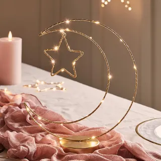 Lights4fun LED Halbmond und Stern Tischlampe Gold Timer batteriebetrieben Innenbereich Ramadan Eid Mubarak Bayram Tischdeko Deko 25cm رمضان